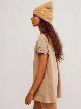 Free People Tan Taupe Utility Romper Jumpsuit Short Sleeve Pocketed S/P